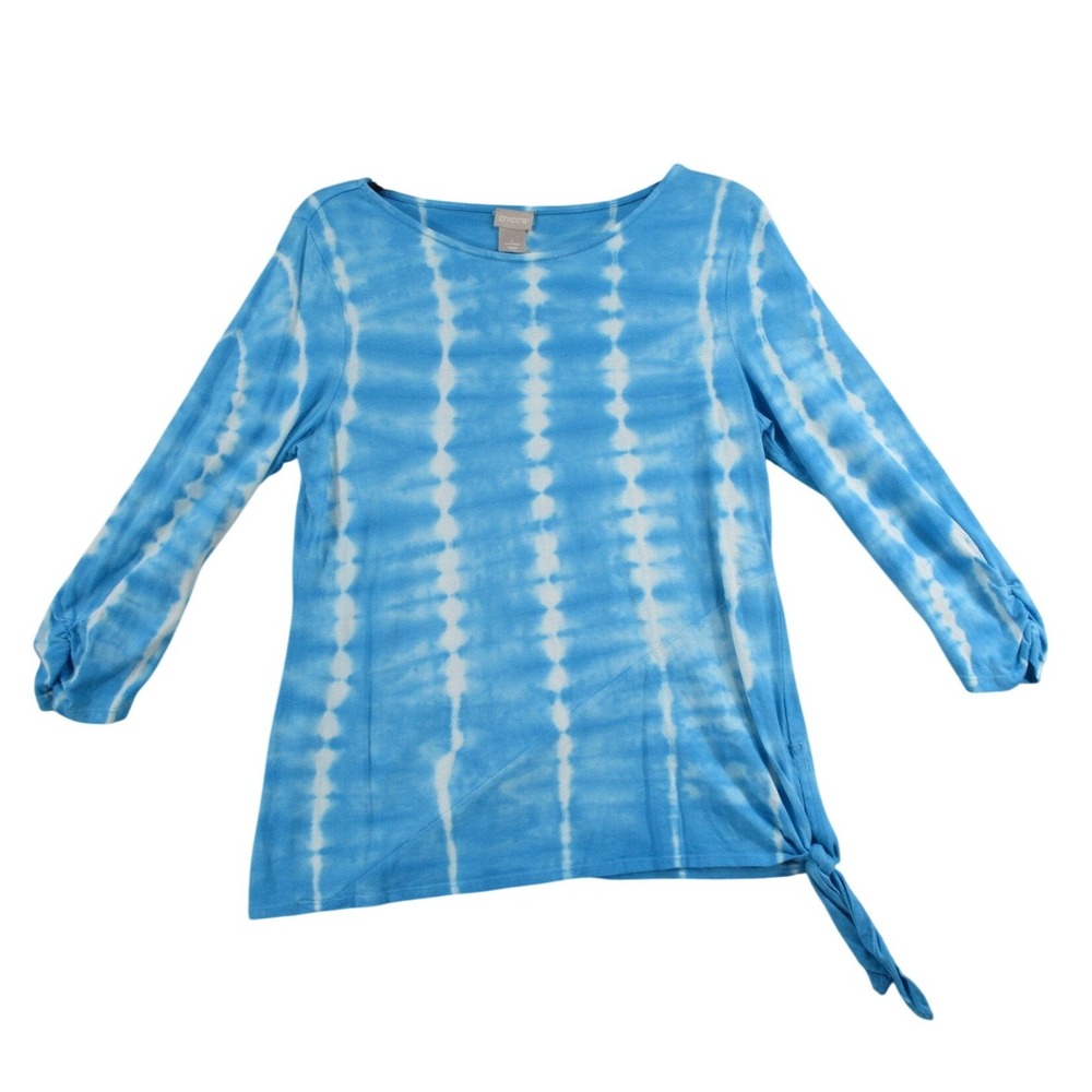 Chicos Blue White Tie Dye Side Tie Top Womens Size 1 Medium Long Sleeve Cotton